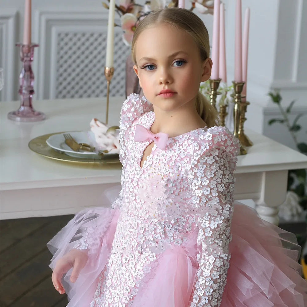 Tiered Tulle Little Princess Party Dress with Detachable Train childrensterritory
