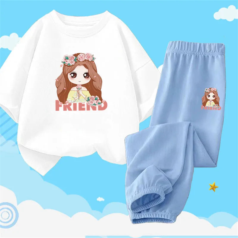 2pcs Kids Girls Cute Cartoon Print T-shirts + Pants Summer Outfit childrensterritory