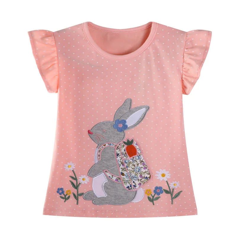 Cartoon Rabbit Embroidery Little Girls Cotton Tops for Summer childrensterritory