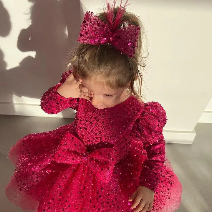 Luxury Long-Sleeved Sequined Fluffy Chiffon Wedding Party Dress childrensterritory