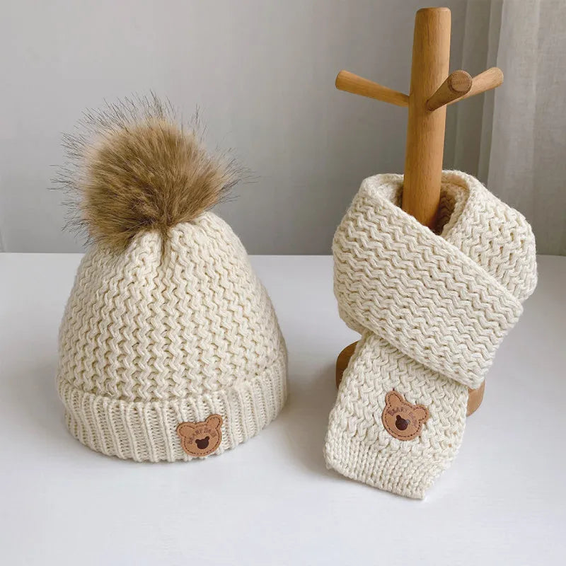 2Pcs Cute Bear Embroidery Baby Hats and Scarf Set childrensterritory