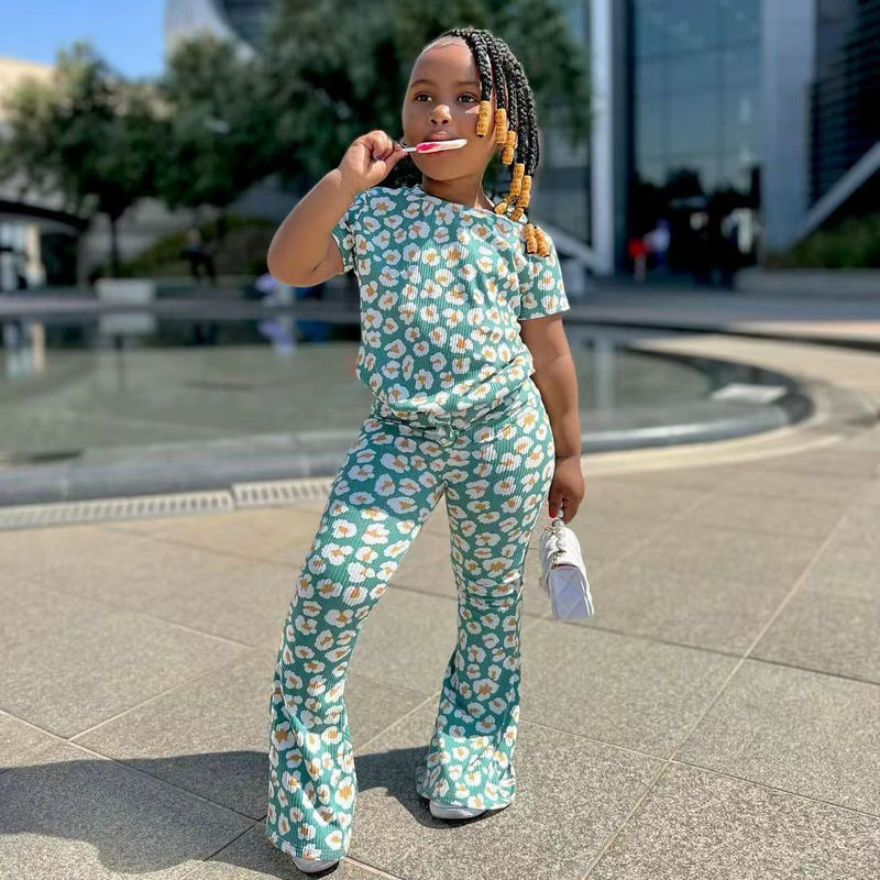 Kids Girls Daisy Green Tops + Flared Pant Boutique Outfits childrensterritory