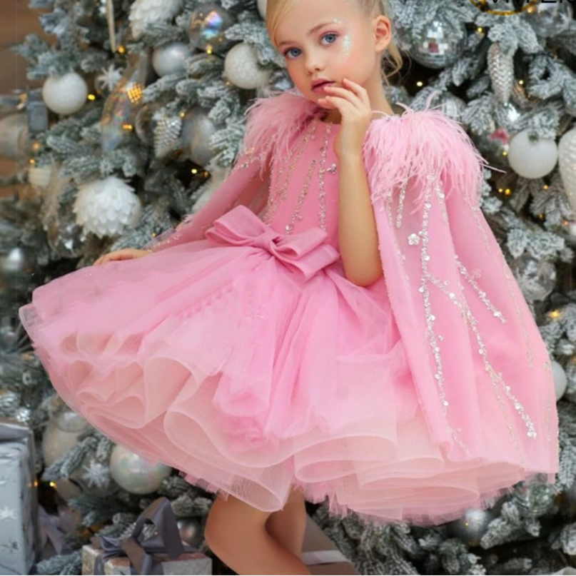 Kids Girls Beading Sequin Ball Gown/Party Dresses with Feather Cape