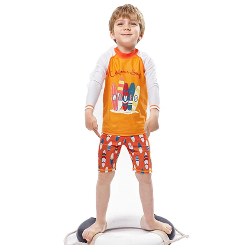 Kids Boys Cartoon Print Swimsuit With Swim Cap | Beach Wear