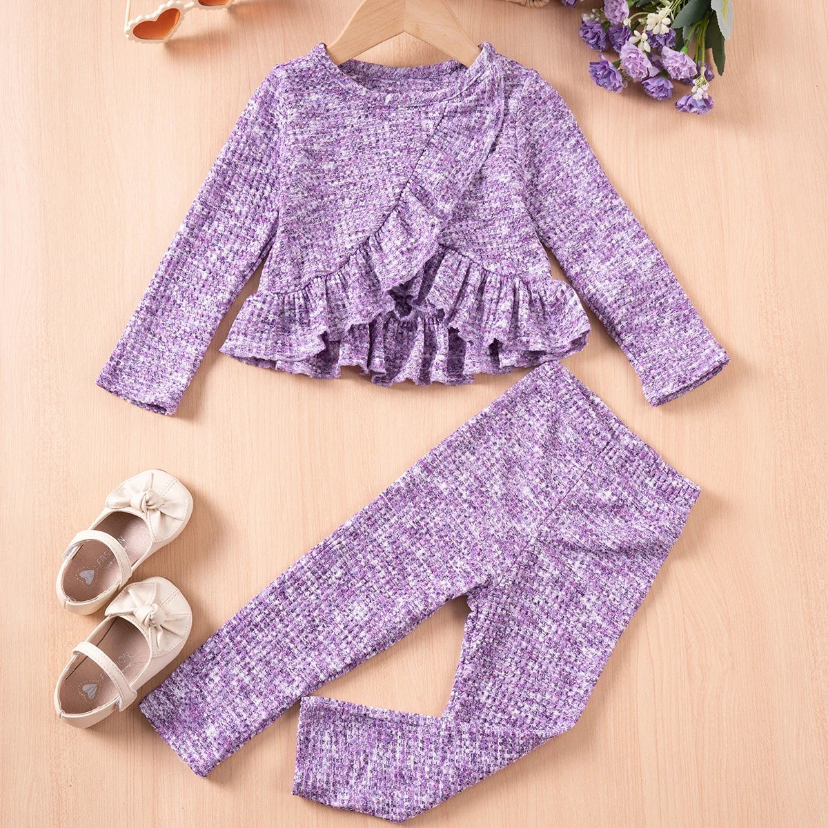 Little Girls Double Ruffle Edge Top Solid Color Pants Set