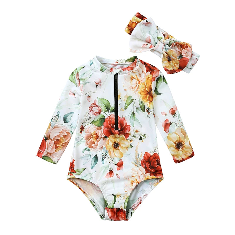 Floral Round Neck Little Girl Zipper Swimsuit