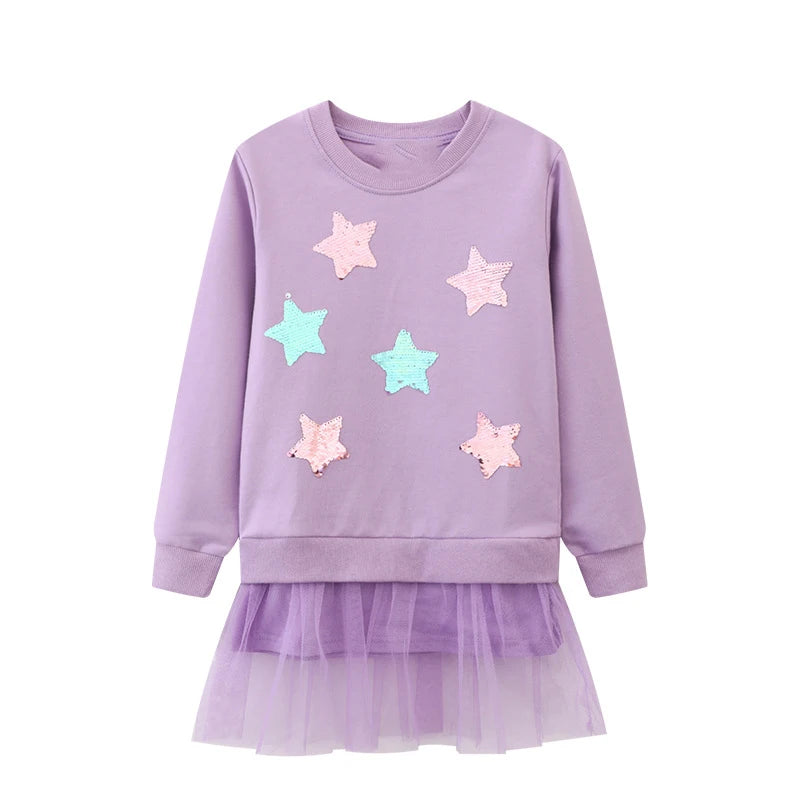 Little Girls Cartoon Stars Design Long Sleeves Mesh Dress childrensterritory