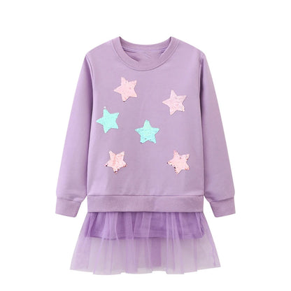 Little Girls Cartoon Stars Design Long Sleeves Mesh Dress childrensterritory