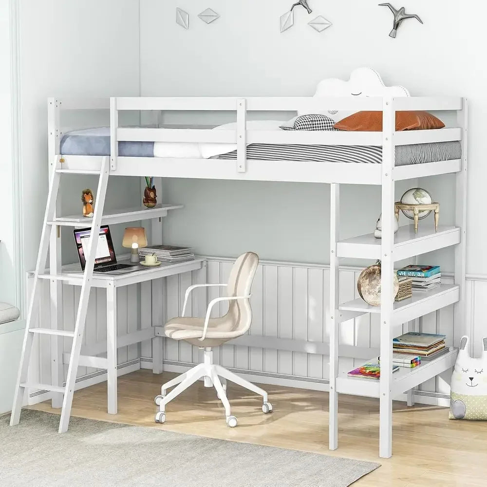 Stylish Kids Twin Loft Bed with Shelves, Desk, and Ladder