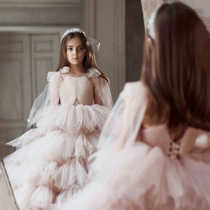 Kids Girls Tiered Tulle Bow Shoulder Design Dresses For Birthday/Prom childrensterritory