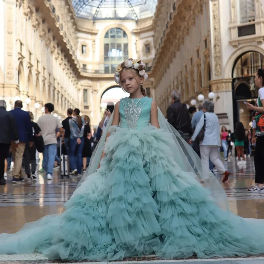 Stylish Beads Decorated Tiered Tulle Long Ball Gown for Girls