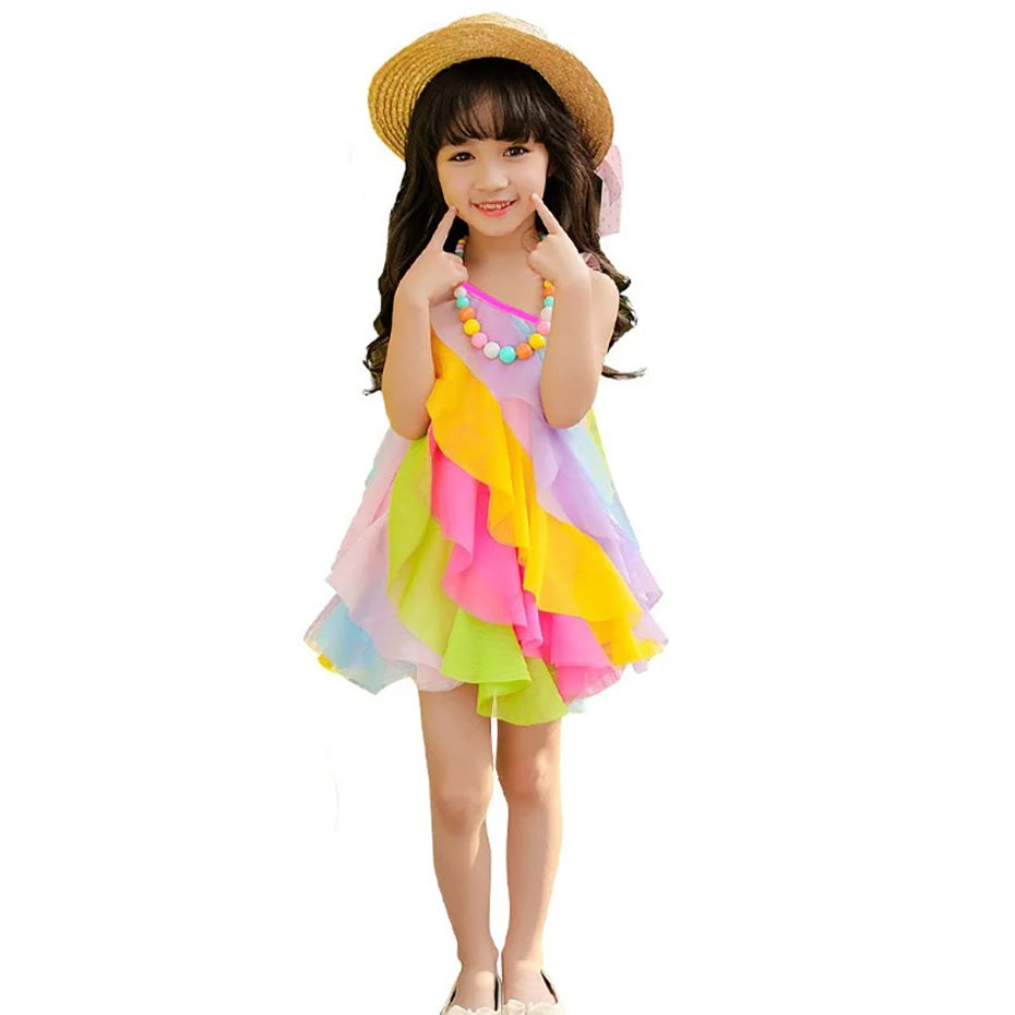 Sleeveless Rainbow Color Beach Dress For Kids Girls childrensterritory