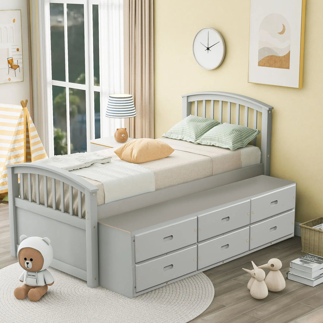 A Twin-Sized Wooden Platform Bed with Six Drawers for Storage childrensterritory