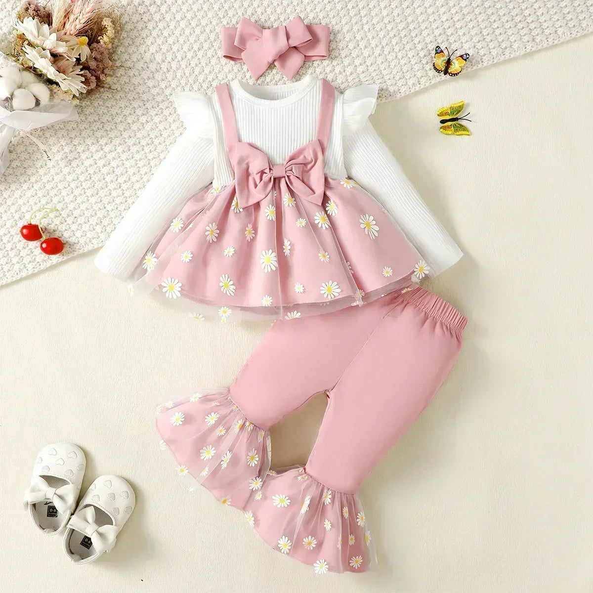 3Pcs Newborn Girl Bodysuit, Bow, Floral Pants Clothing Set
