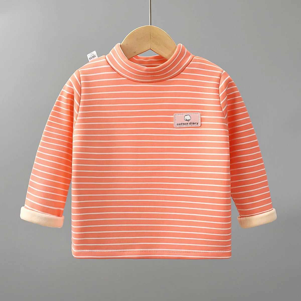 Kids Korean Style Turtleneck Striped Design Velvet Winter T-shirts childrensterritory