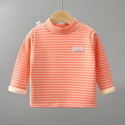 Kids Korean Style Turtleneck Striped Design Velvet Winter T-shirts childrensterritory