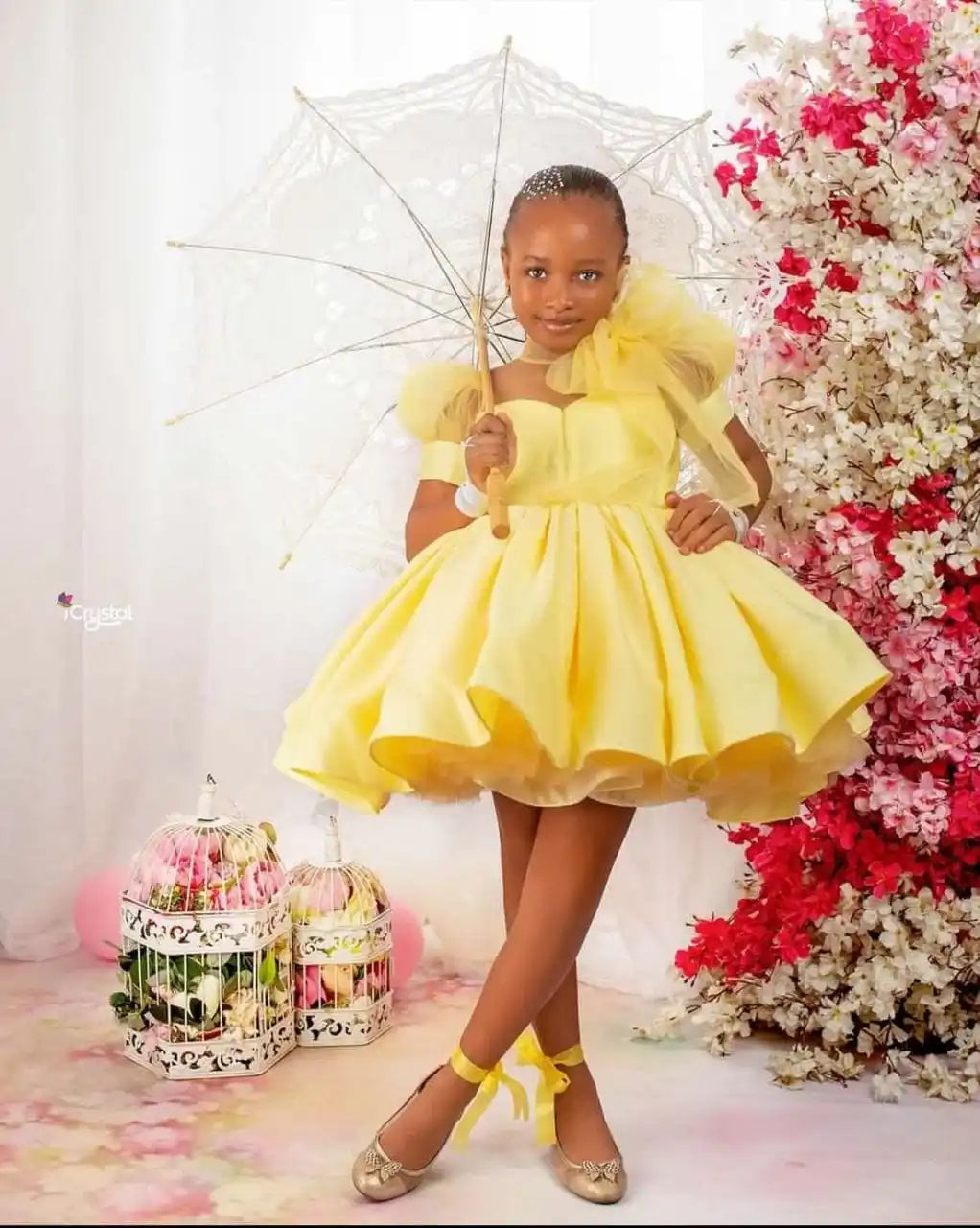 Pink Fluffy Bow Design Birthday Party Dresses For Girls