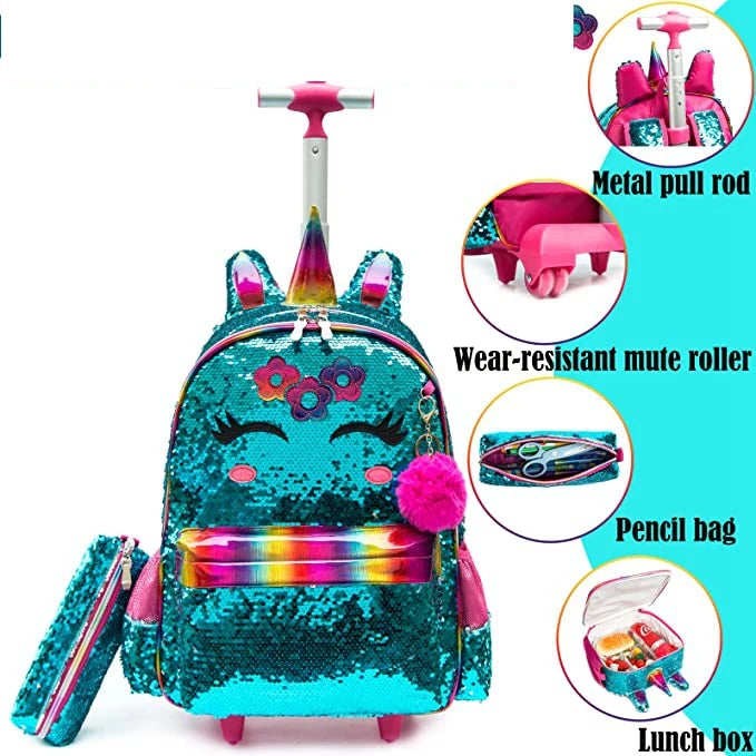 3 in 1 Sequin Design Kids Girls Rolling School Bag/Suitcase Set