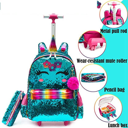 3 in 1 Sequin Design Kids Girls Rolling School Bag/Suitcase Set