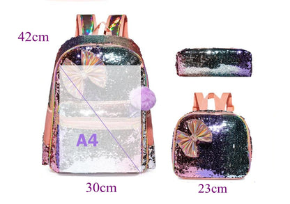 Kids Girls Bowknot Cute Sequin School Backpack with Lunch Box