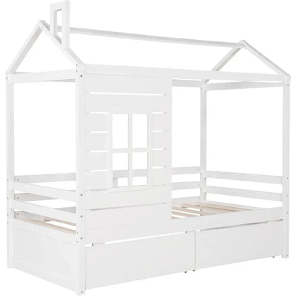Twin Size Wood Storage Bunk Bed with Window and Roof