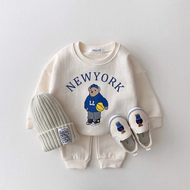 Baby Boys/Girls Letter Bear Casual Hoodie+Pants Suit