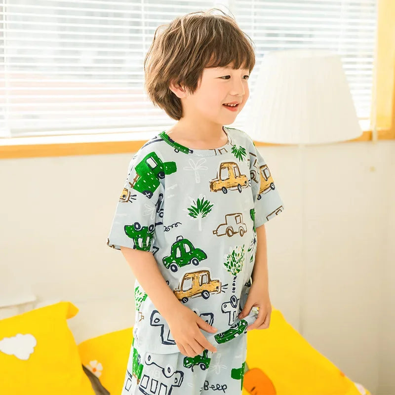 Kids Cartoon Print Short Sleeves Summer Pajamas Sets childrensterritory