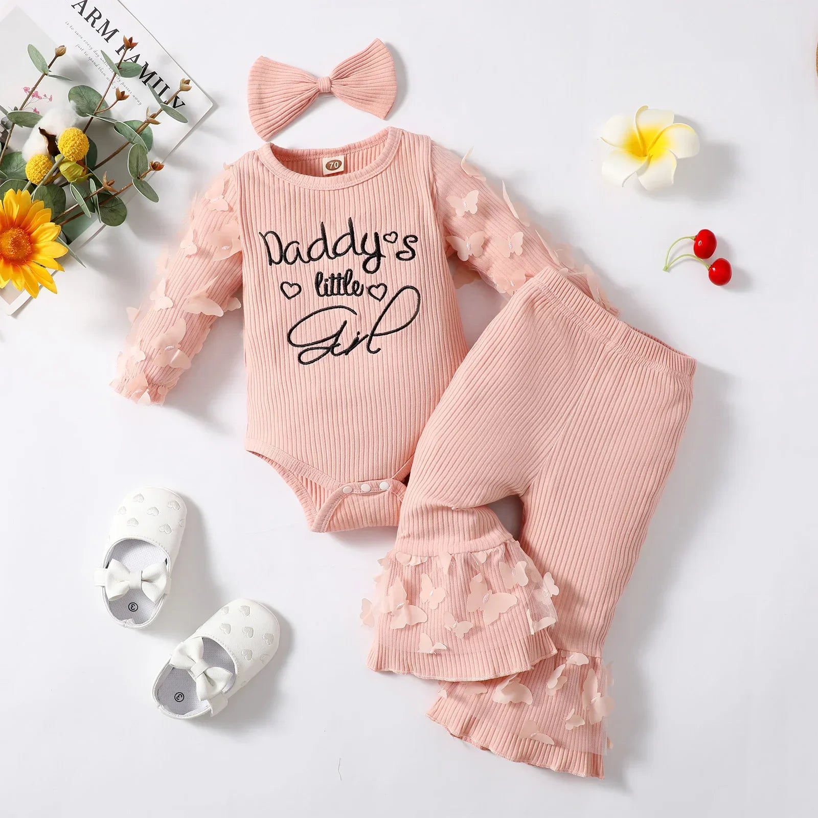 3Pcs Newborn Girl Bodysuit, Bow, Floral Pants Clothing Set childrensterritory