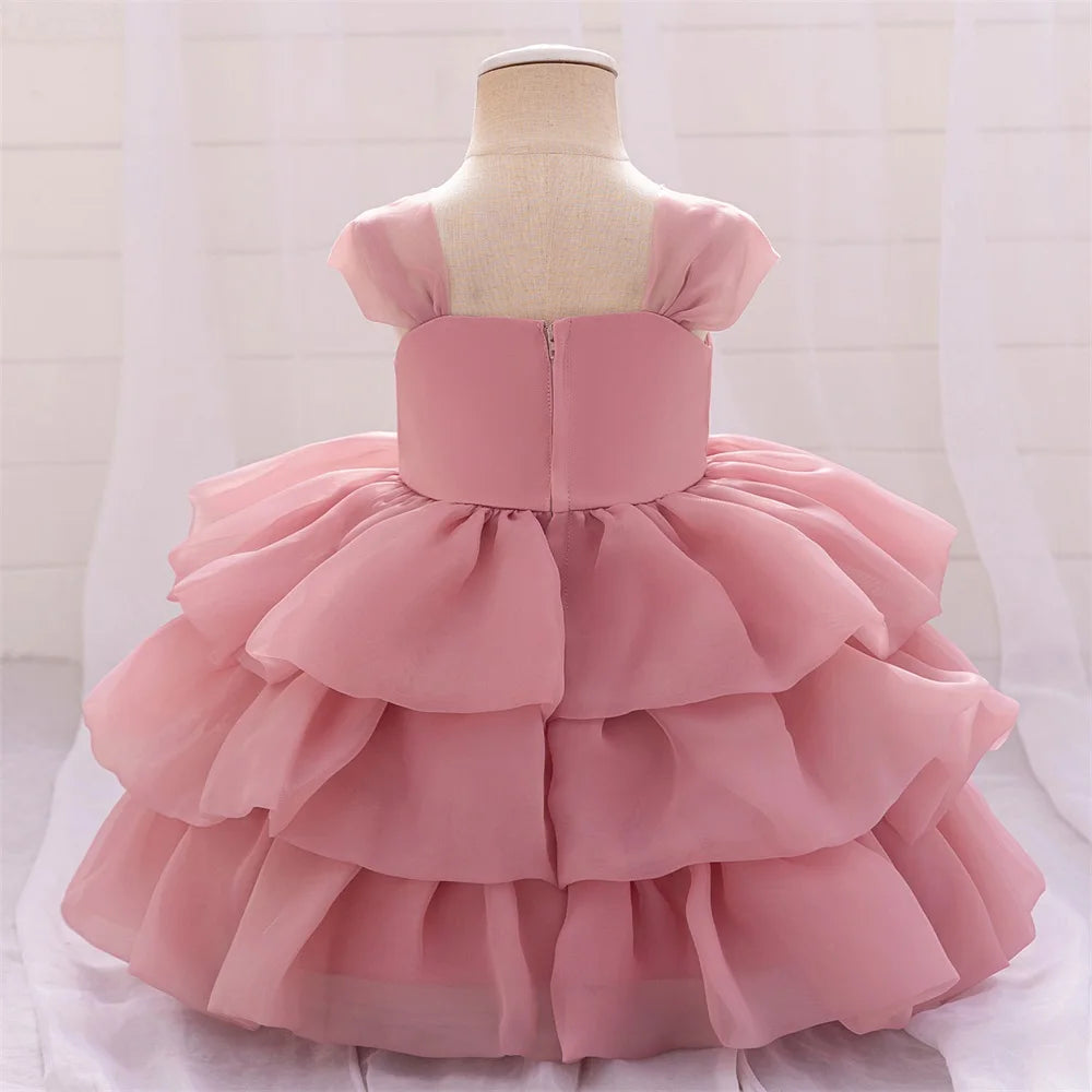 Elegant 3D Rose Flower Tiered Design Baby Christening Dresses