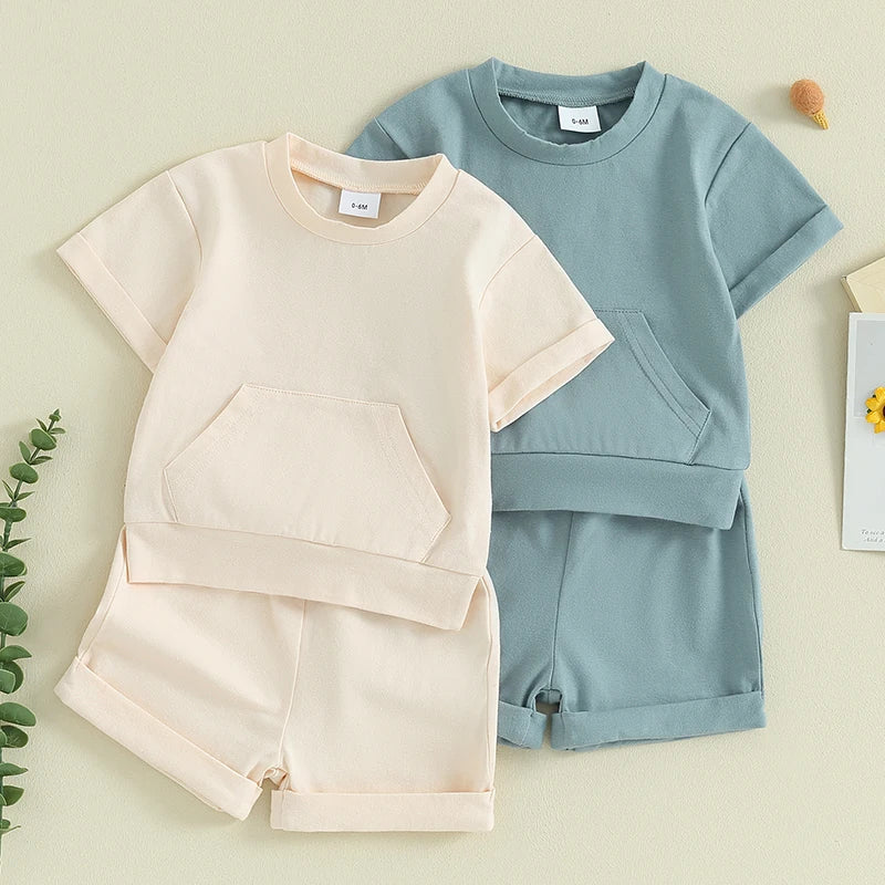 Baby Boys Short Sleeve Pocket T-Shirt and Elastic Shorts 2 Piece Outfits childrensterritory