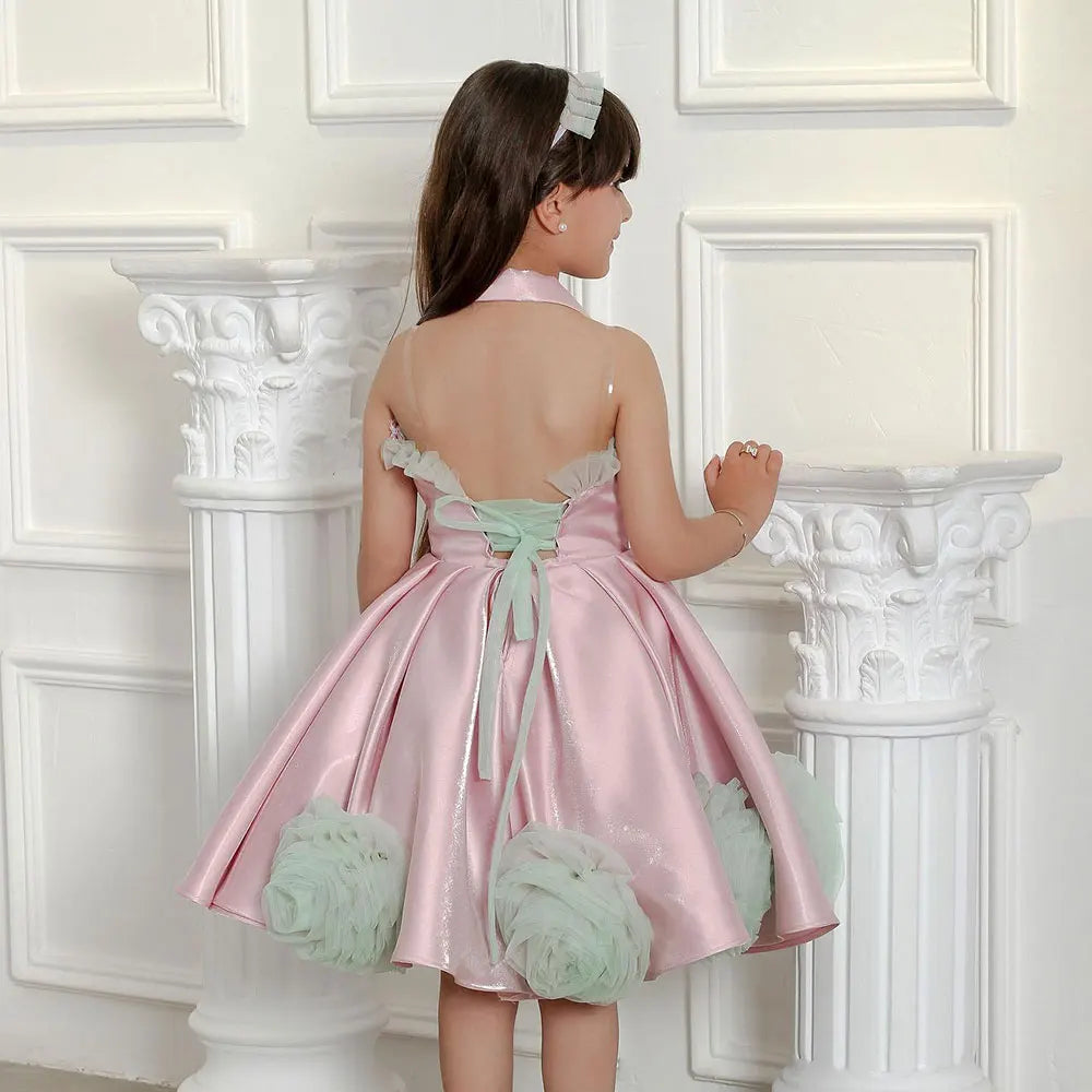 A-Line Little Girls Halter Neck Tiered Puffy Birthday Party Dress childrensterritory