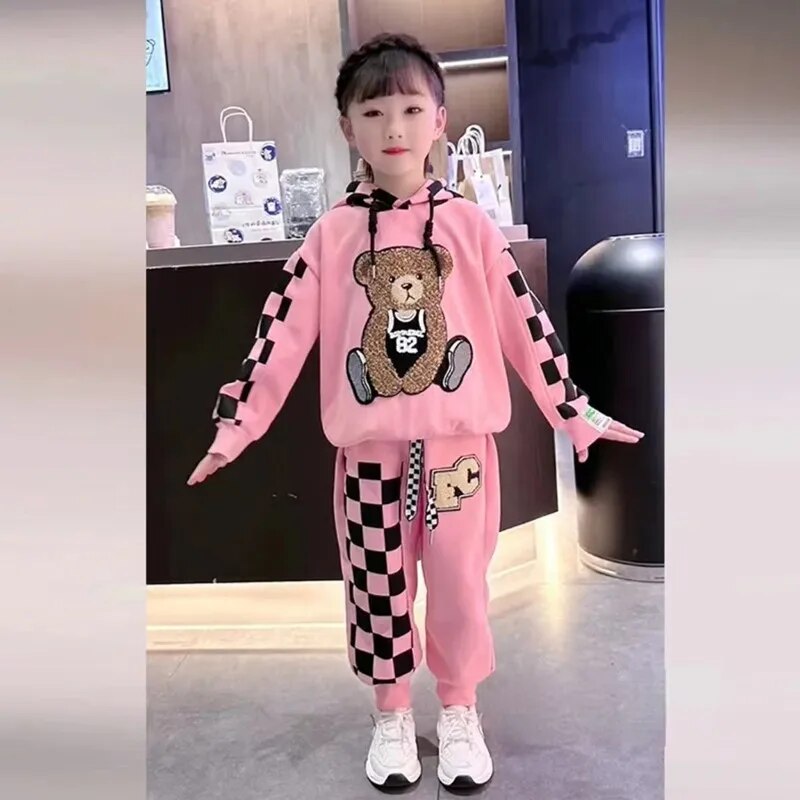 Kids Cartoon Bear Design Plush Hooded 2pcs Sports Suit Set childrensterritory