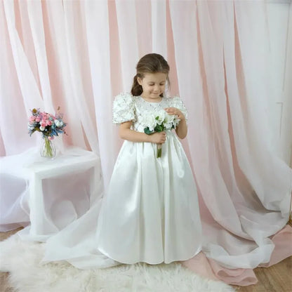 White Satin Pretty Princess High Waist Bridesmaid Gowns for Girls childrensterritory