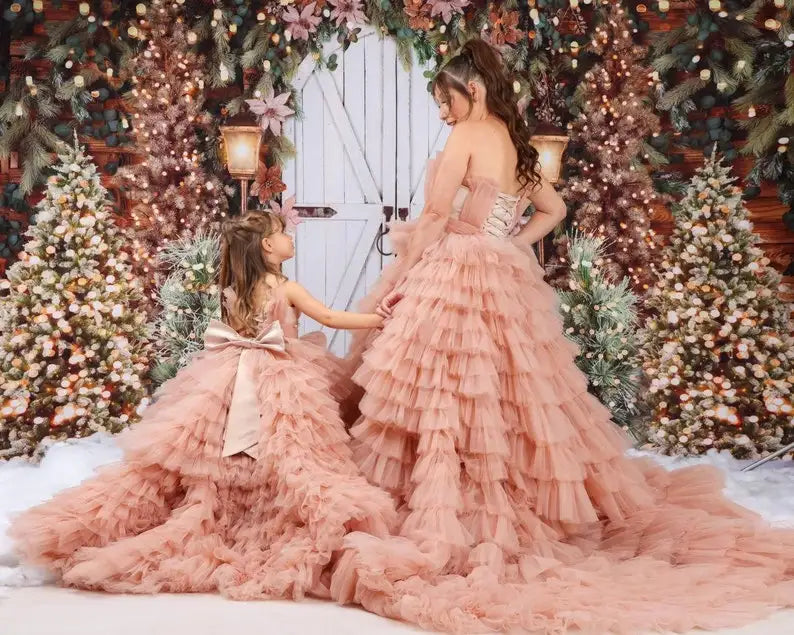 Mother-Daughter Ruffle Tulle Matching Party Dresses