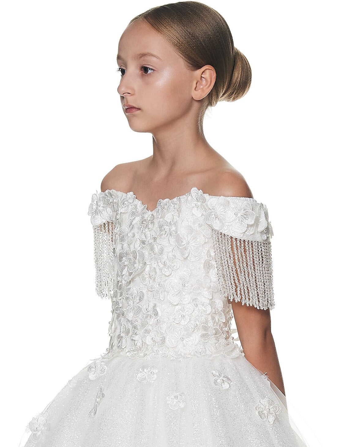Floral Off Shoulder Kid Girl Baptism Gown with Crystals Tassel childrensterritory