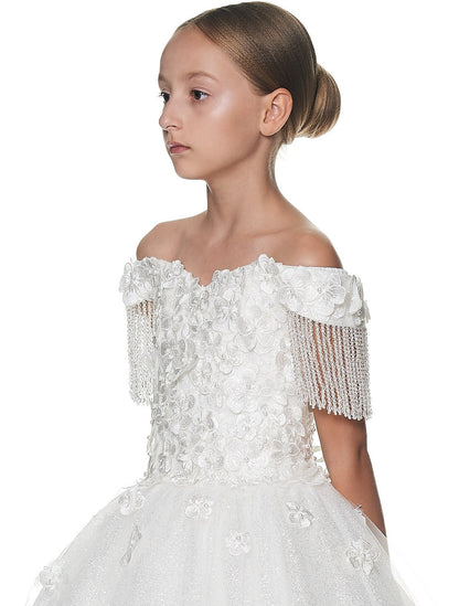 Floral Off Shoulder Kid Girl Baptism Gown with Crystals Tassel childrensterritory
