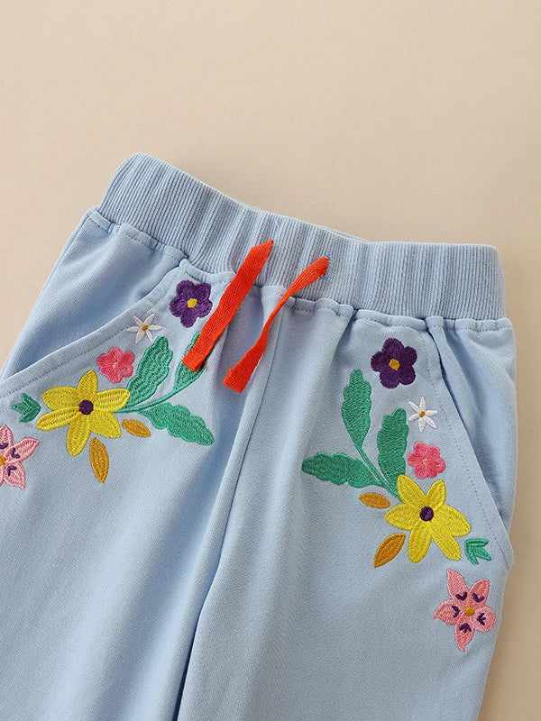 Embroidered Flowers Design Cotton Trousers For Girls childrensterritory