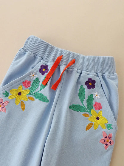 Embroidered Flowers Design Cotton Trousers For Girls childrensterritory