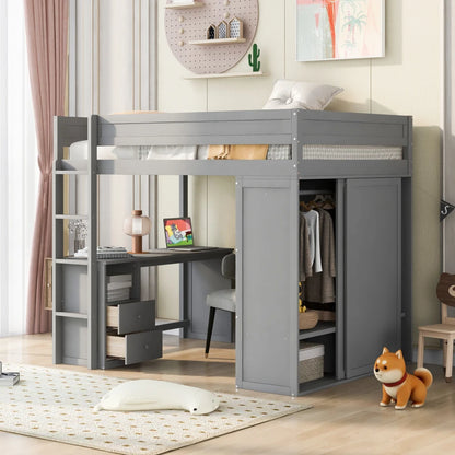 Full-size Loft Bed with Closets and Two-Drawer Desk with Cabinet childrensterritory