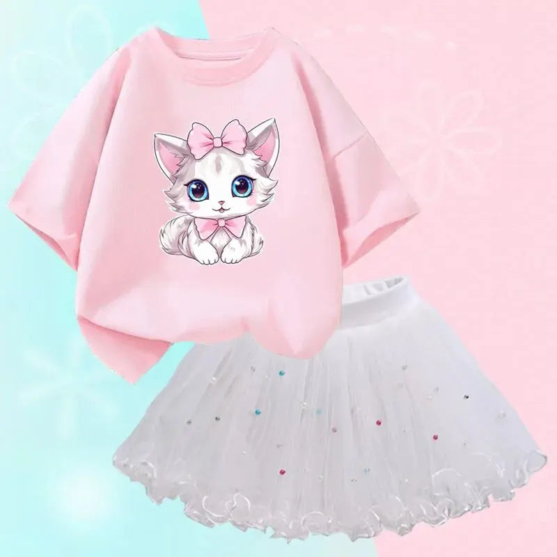 Little Girls Cute Cartoon Print T-Shirt &amp; Mesh Tutu Skirt Outfits