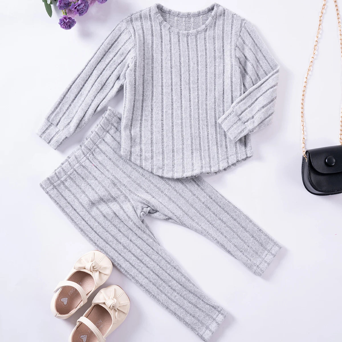 Solid Color Long-sleeved Casual Top and Pants Set for Little Girls