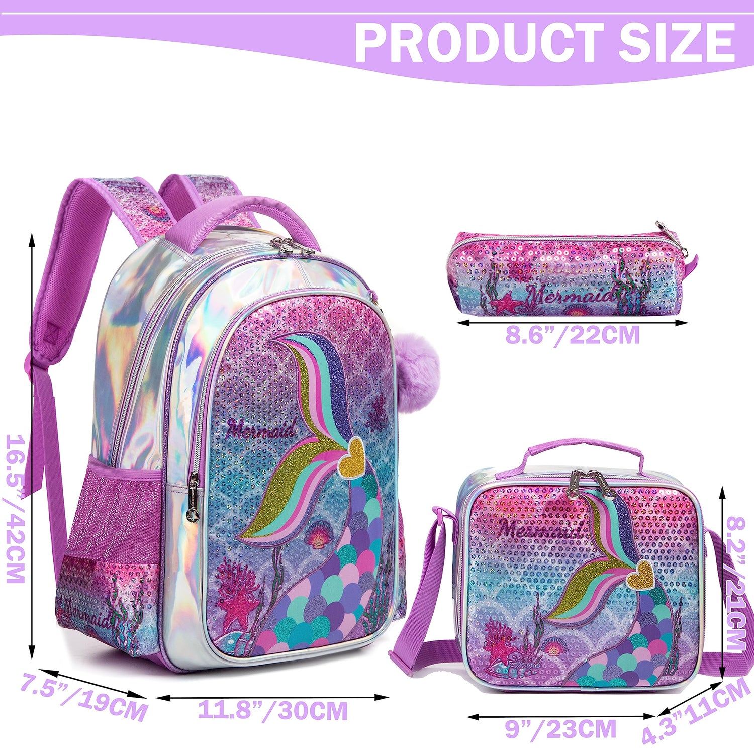 Sequin Mermaid Design Backpack with Lunch Box Set for Kids childrensterritory
