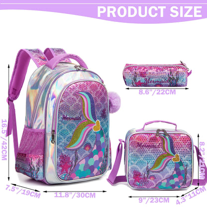 Sequin Mermaid Design Backpack with Lunch Box Set for Kids childrensterritory
