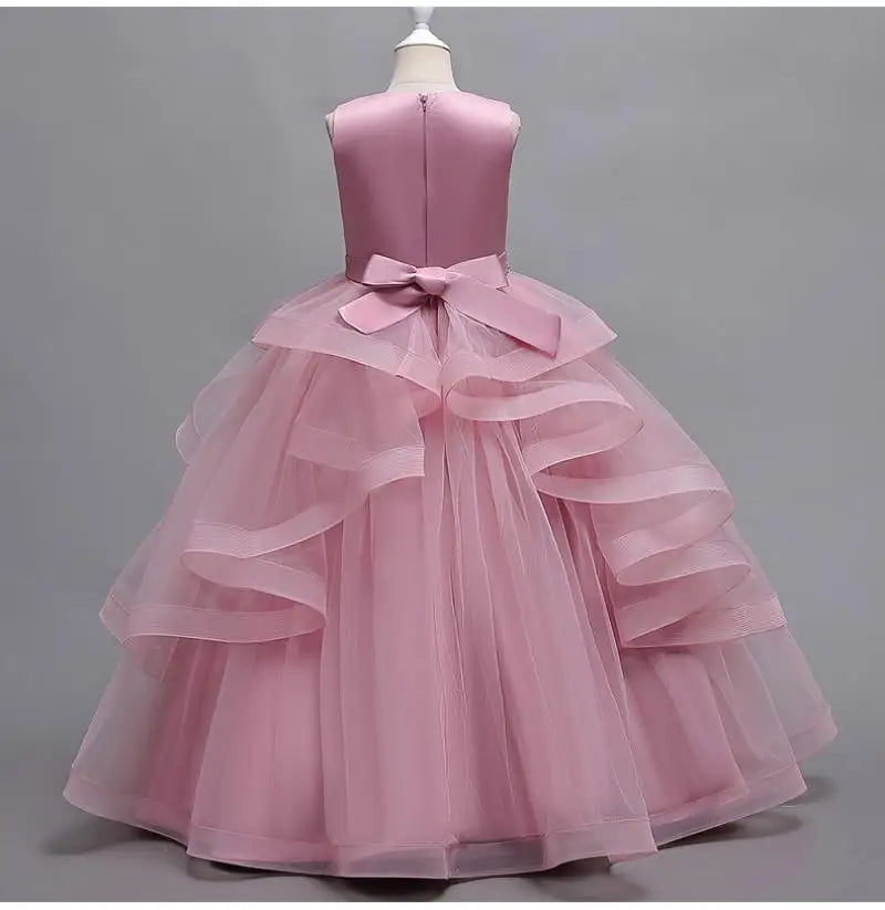 Girls' Solid Color Long Puff Evening Party Dresses