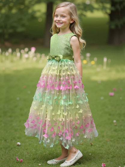 3D Butterfly Design Kids Girls Mesh Bow Long Princess Dress childrensterritory