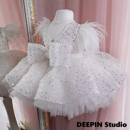 Baby/Kid Girls Feather Sequins Tutu Birthday Party Dress childrensterritory