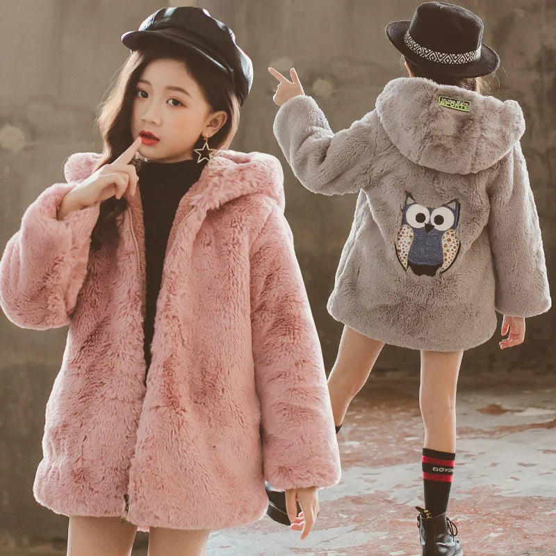 Faux Fur Long Sleeve Hooded Warm Long Coat For Girls childrensterritory