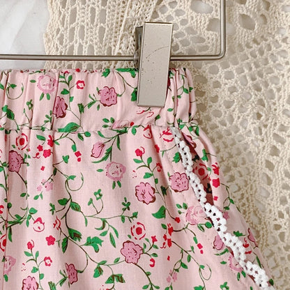 Floral Print Rustic Style Little Girl Sling Tops and Shorts Set childrensterritory