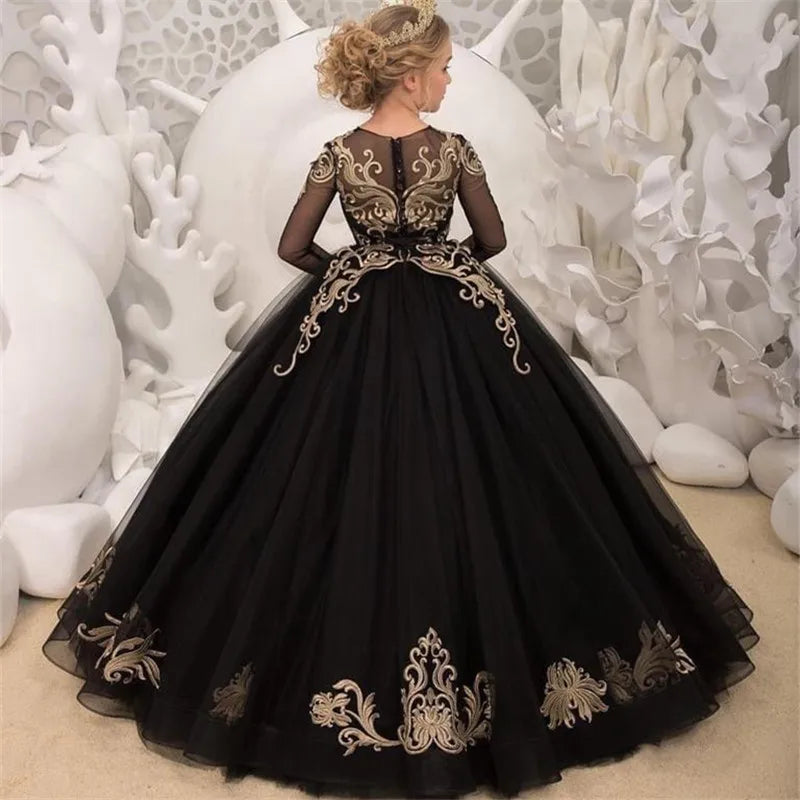 Kids Girls Black Floor Length Pageant Dress with Gold Appliques