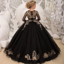Kids Girls Black Floor Length Pageant Dress with Gold Appliques